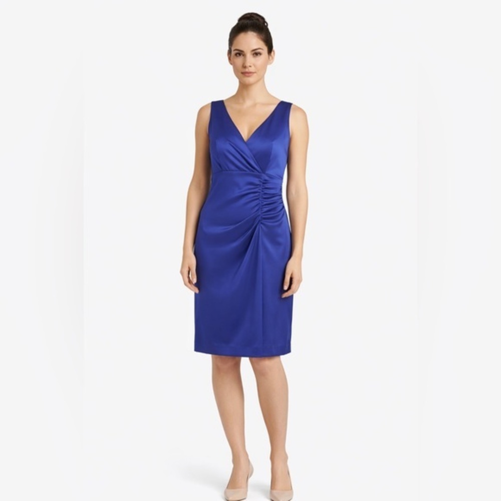Donna Ricco Ruched Sheath Cocktail Dress Blue Petite 12 V-Neck NEW